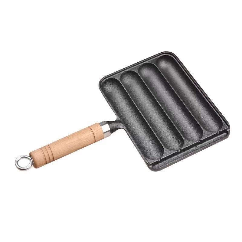 JUSTINLAU 4 Grid Hot Dog Sausage Baking Pan Cast Iron Barbecue Pan Multifunction Sausage Grilling Pan Outdoor Barbecue Accessory