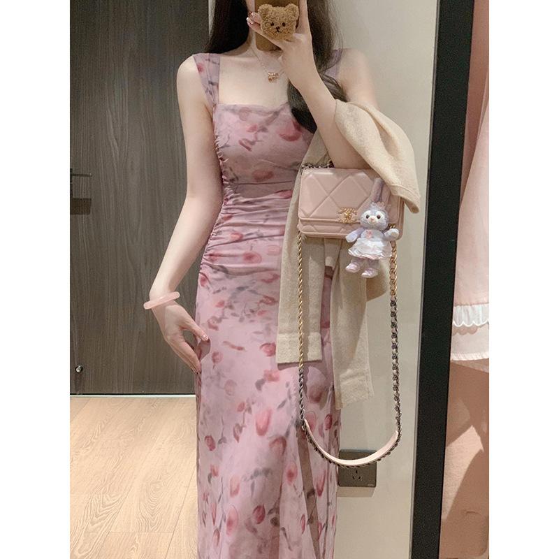Pink suspender floral dress women's summer coffee break French temperament waist thin hip-wrapped dress