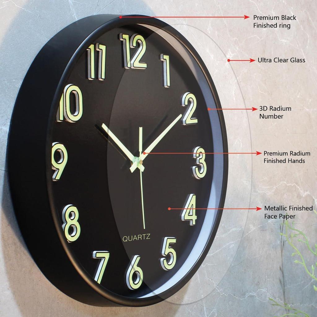 12-Inch Analog Wall Clock – Luminous Night Glow-in-the-Dark Design, Radium Dial, Silent Non-Ticking Sweep