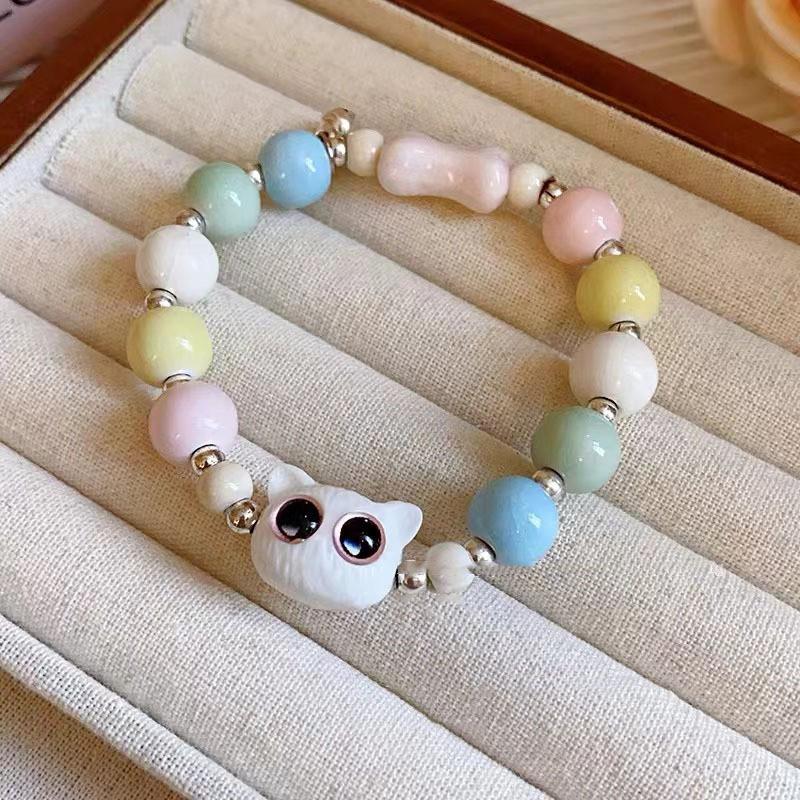 Ceramic Cat Bead Bracelet Adorable And Trendy Womens Geometric Hand Jewelry