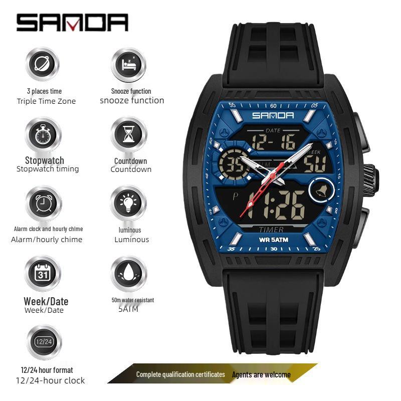 SANDA Men's Waterproof Luminous Sports Watch - Countdown & Multifunctional Barrel-Shaped Electronic Watch with Large Dial