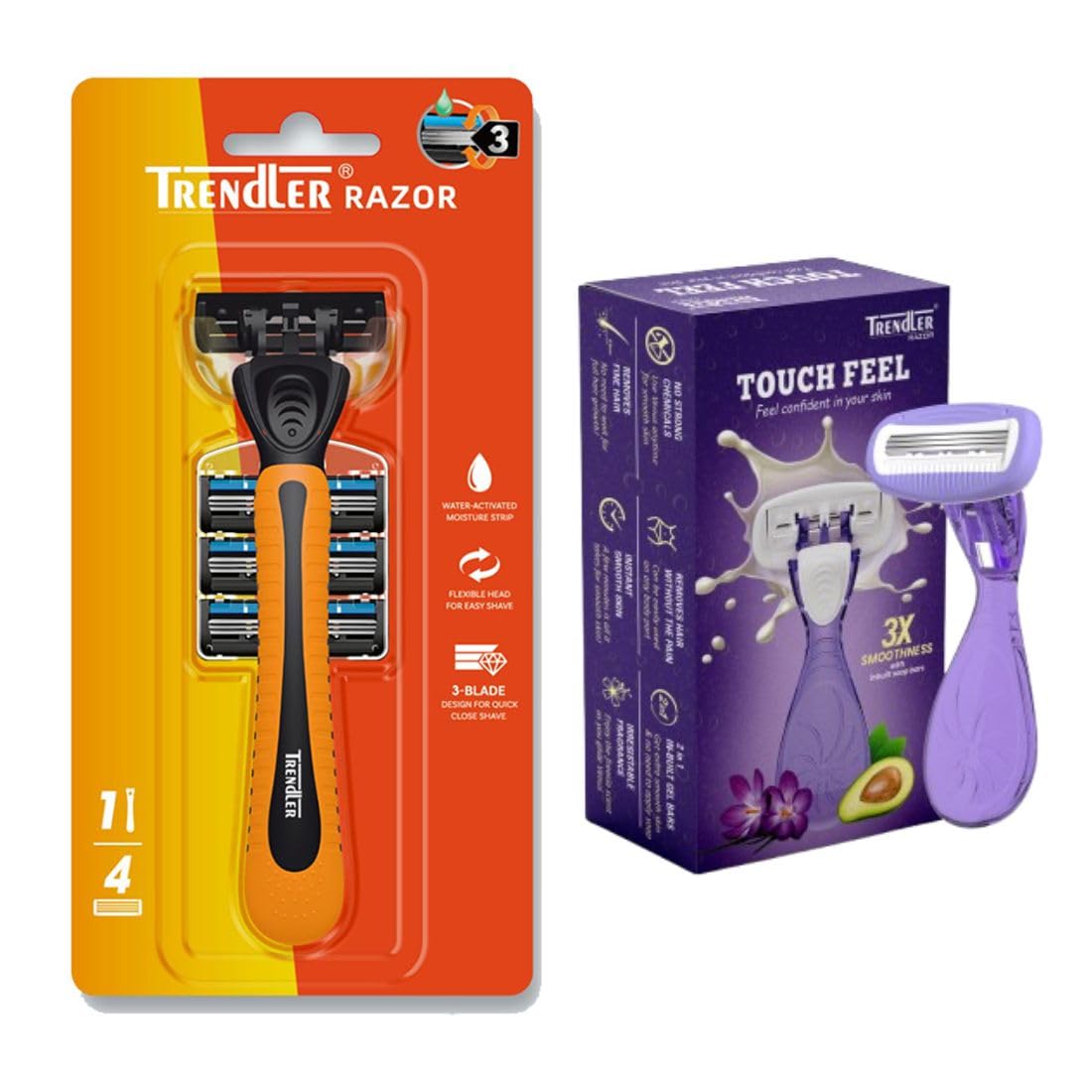 Trendler Razor 3-Blade System with 4 Cartridges and Touch Feel Women s Razor with Moisture Strip, Orange & Purple Pack -2