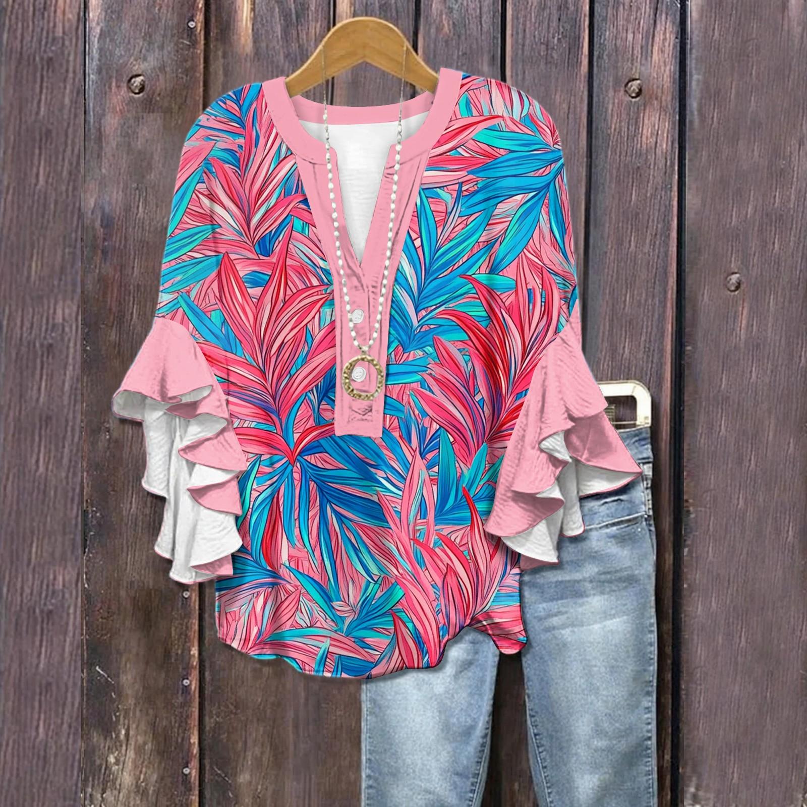 

Летние топы для женщин, симпатичные блузки с V-образным вырезом и рукавом 3/4, повседневные рубашки с цветочным принтом XL