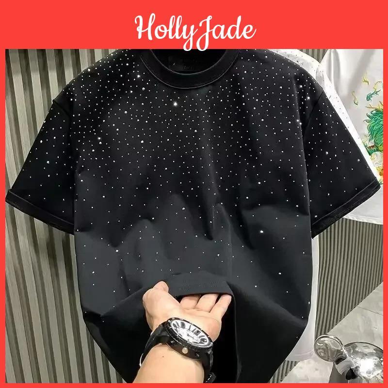 Tshirt For Rivet Rhinestone Summer Men Clothing Round Neck Casual Tshirt Fashion High Street Mens Summer Short Sleeves