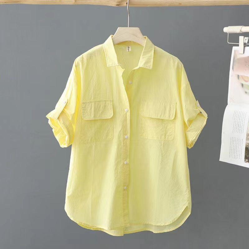 Women's Summer Solid Color Short Sleeve Shirt Design Loose Single Breasted Thin Top