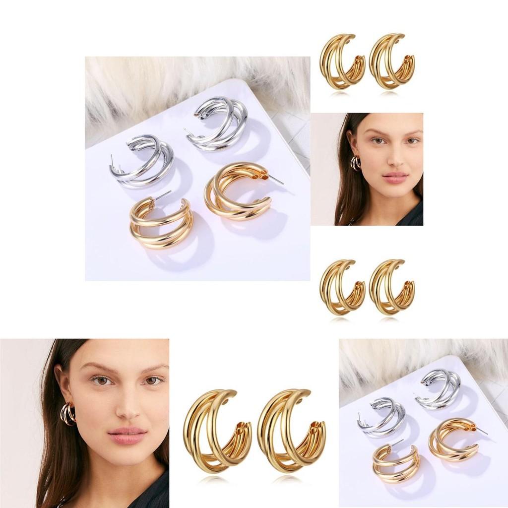 Fashionable Multi-layer Circle Geometric Earrings Trendy Alloy Asymmetrical Jewelry