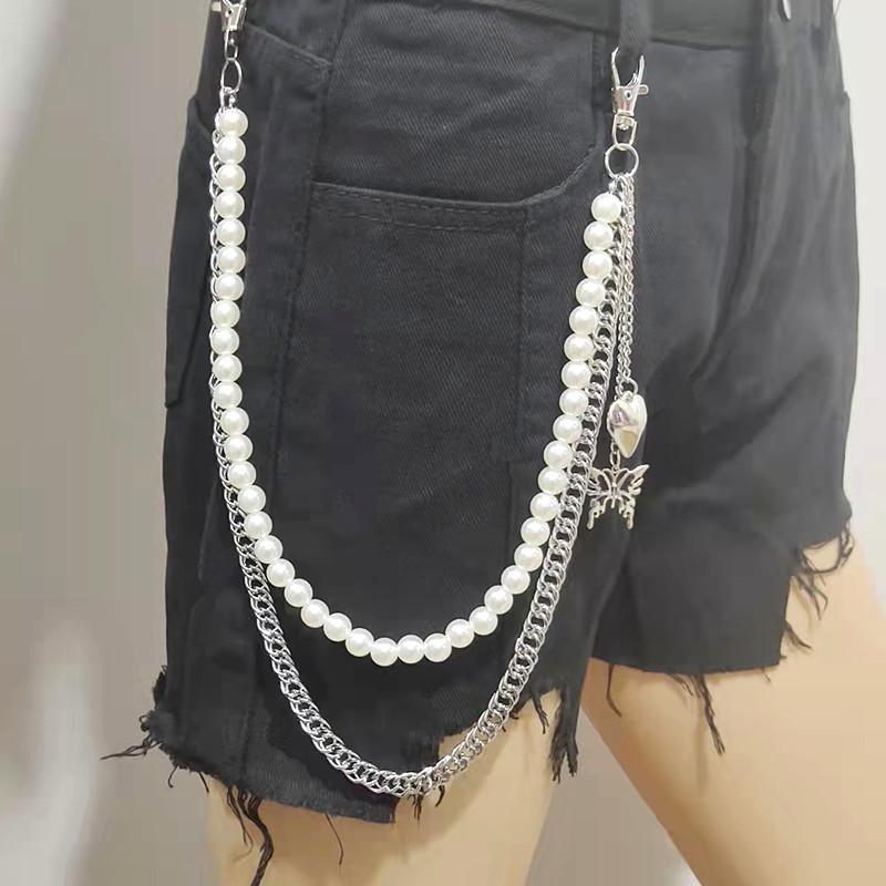 South Korea INS Harajuku Style Personalized Street Shot Jeans Pearl Chain with Butterfly Peach Heart Pendant Men's and Women's Same Waist Chain