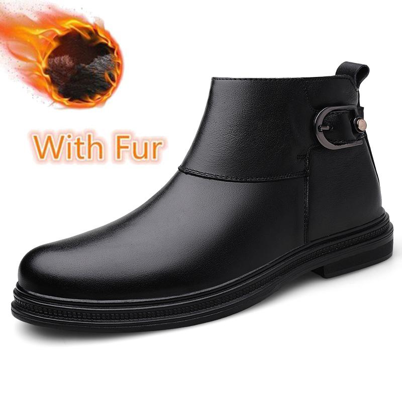 Genuine Leather Mens Business Shoes Comfy Retro Chelsea Ankle Boots High Quality Non-Slip Male Shoes Warm Plush Fur Winter Boots