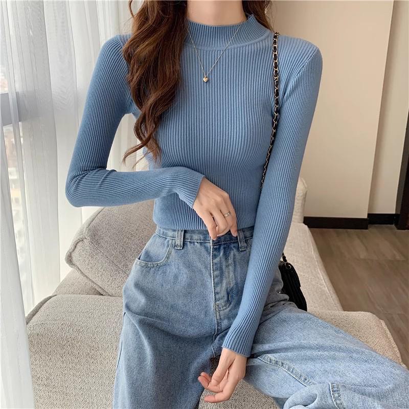 Pulover de damă cu mâneci lungi, slim fit, pe jumătate cu gât, top versatil din tricot în stil coreean pentru primăvară, toamnă și iarnă.