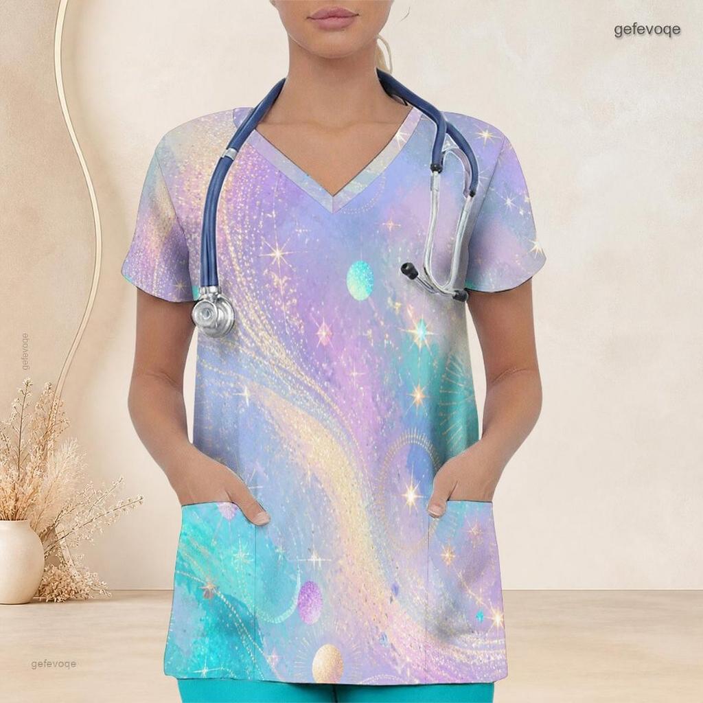 Women Plus Size V Neck Short Sleeve Galaxy Printed Nurse Scrub Top With Front Pockets