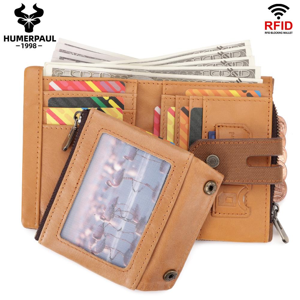 HUMERPAUL Men cowhide wallet Oxford cloth RFID anti-theft credit card bag coin purse with chain wallet with photo window