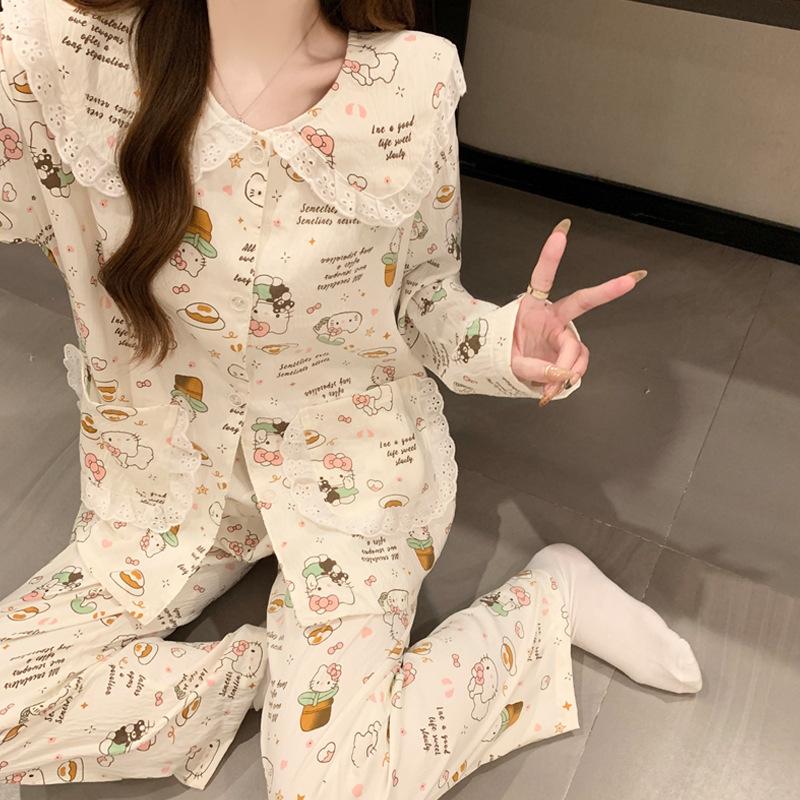 Dessert Cute Lace Doll Collar Pajamas Women'S Spring And Autumn Cloud Cotton Long Sleeves Cute Cartoon Loungewear Set