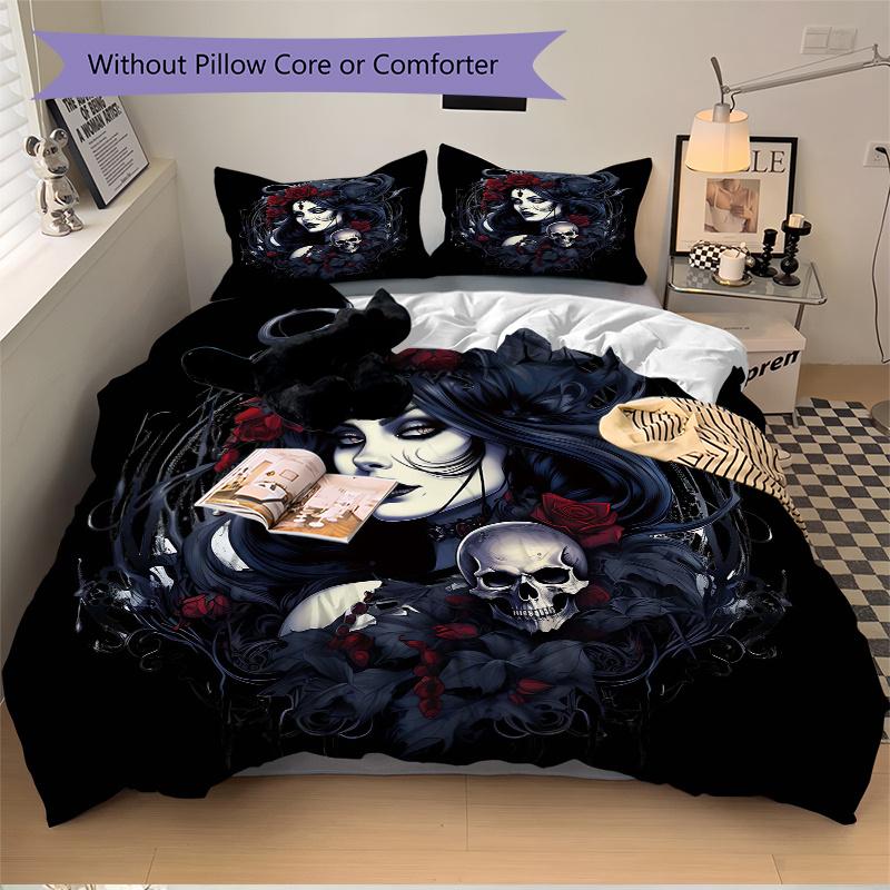 3pcs Gothic Portrait with Skull and Red Roses Bedding Set - Includes Quilt Cover and Pillowcases, Suitable for All Seasons, Machine Washable - Id