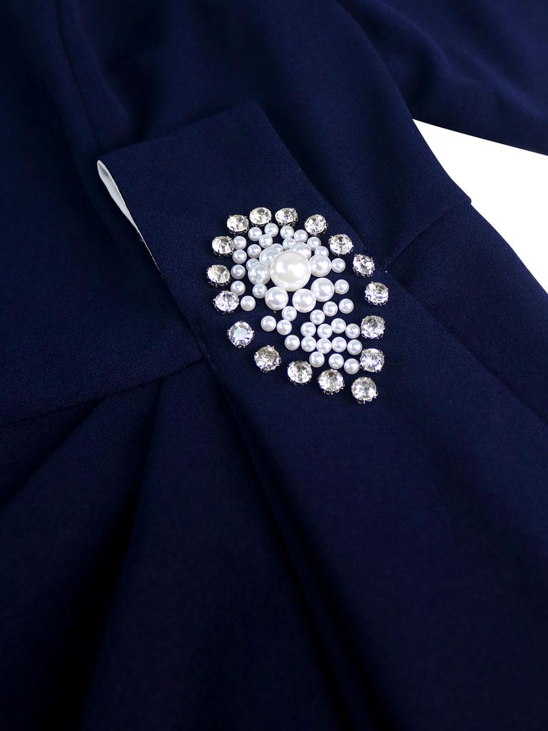 Elegant Navy Blue Midi Dress for Women Contrast Collar Half Sleeve Bodycon Style with Decorative Fold Church Wedding Guest Formal Office Wear