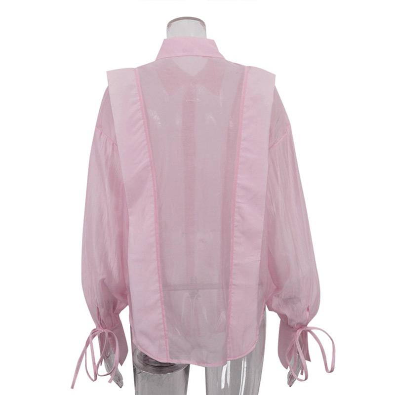 Solid See Through Women Shirt Commut Wear Lapel Long Sleeve Single Button Lace Up Female Blouse 2025 Spring Summer Elegant Office Lady Top