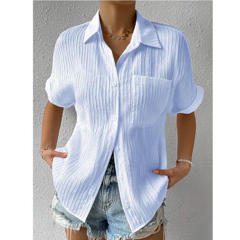 Open Front Shirt Patch Pocket Solid Casual Collar Insert Sleeve Women's Short Sleeve Shirt