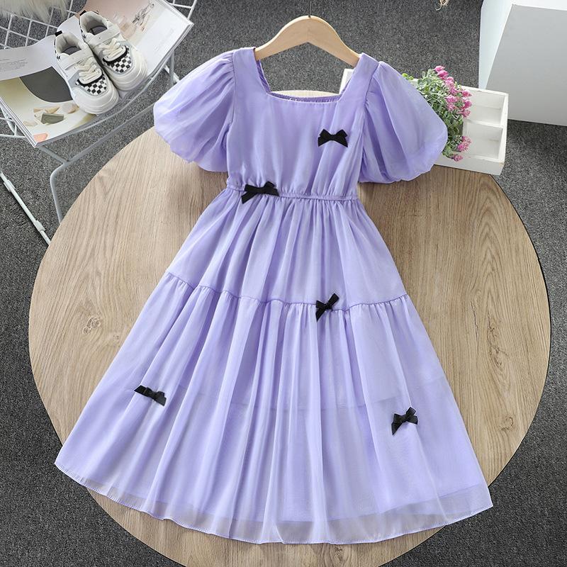 Girls Summer Square Neck Puff Sleeve Bow Princess Dress Middle Large Kids Sweet Over Knee Long Dress 120cm фиолетовый