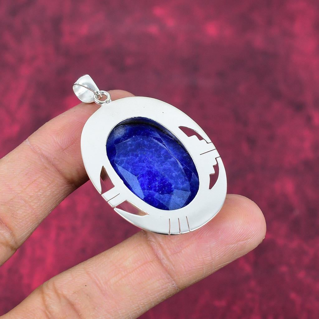 Blue Sapphire Pendant, Handmade Gemstone Pendant, 925 Solid Sterling Silver Pendant Antique Jewelry, For Engagement Gift