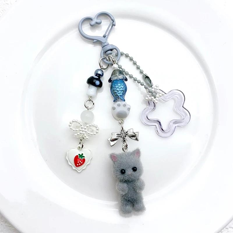 Cute Flocked Kitten Keychain with Five-Pointed Star Cat Paw Love Mobile Phone Chain Lanyard Pendant for Earphones & Cameras