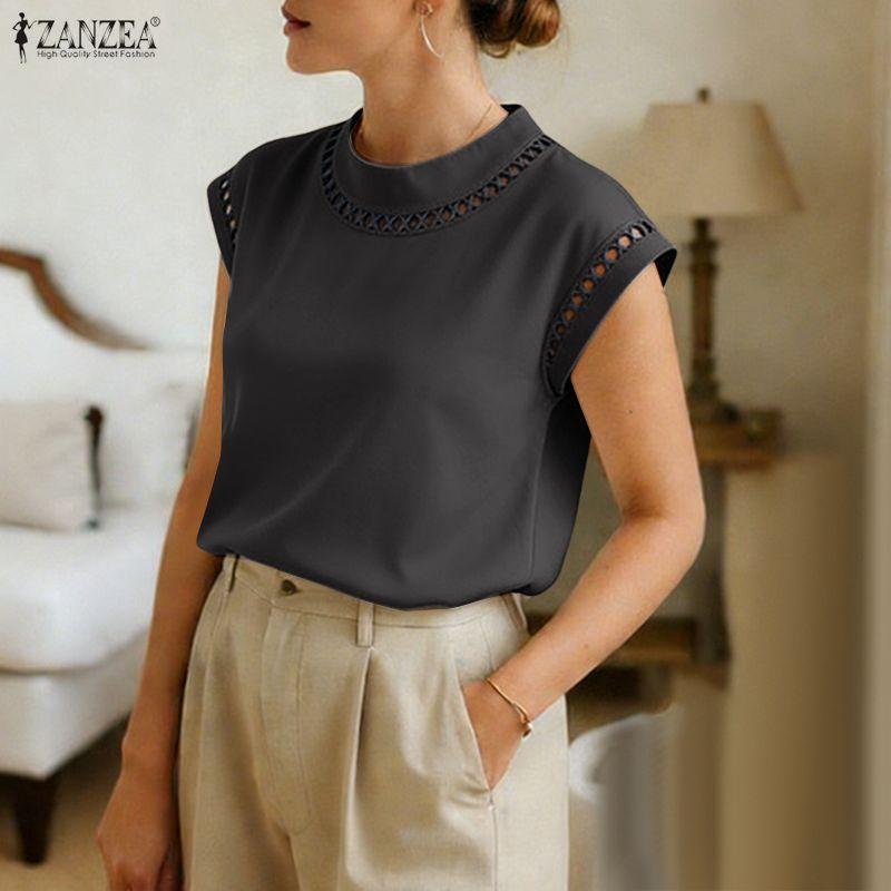 ZANZEA Women Elegant Round Neck Casual Short Sleeve Blouse