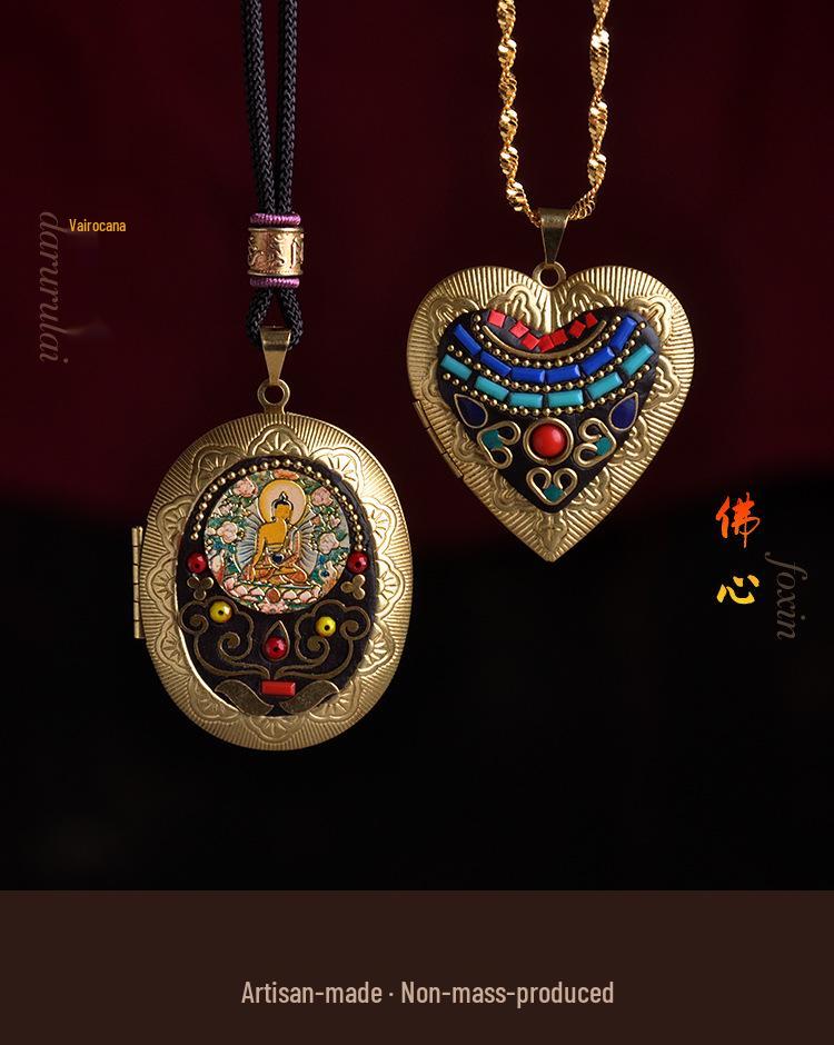 Vairochana Yellow Tibetan Amulet: Brass Box Pendant Necklace with Jambhala & Avalokiteshvara Hollow Design