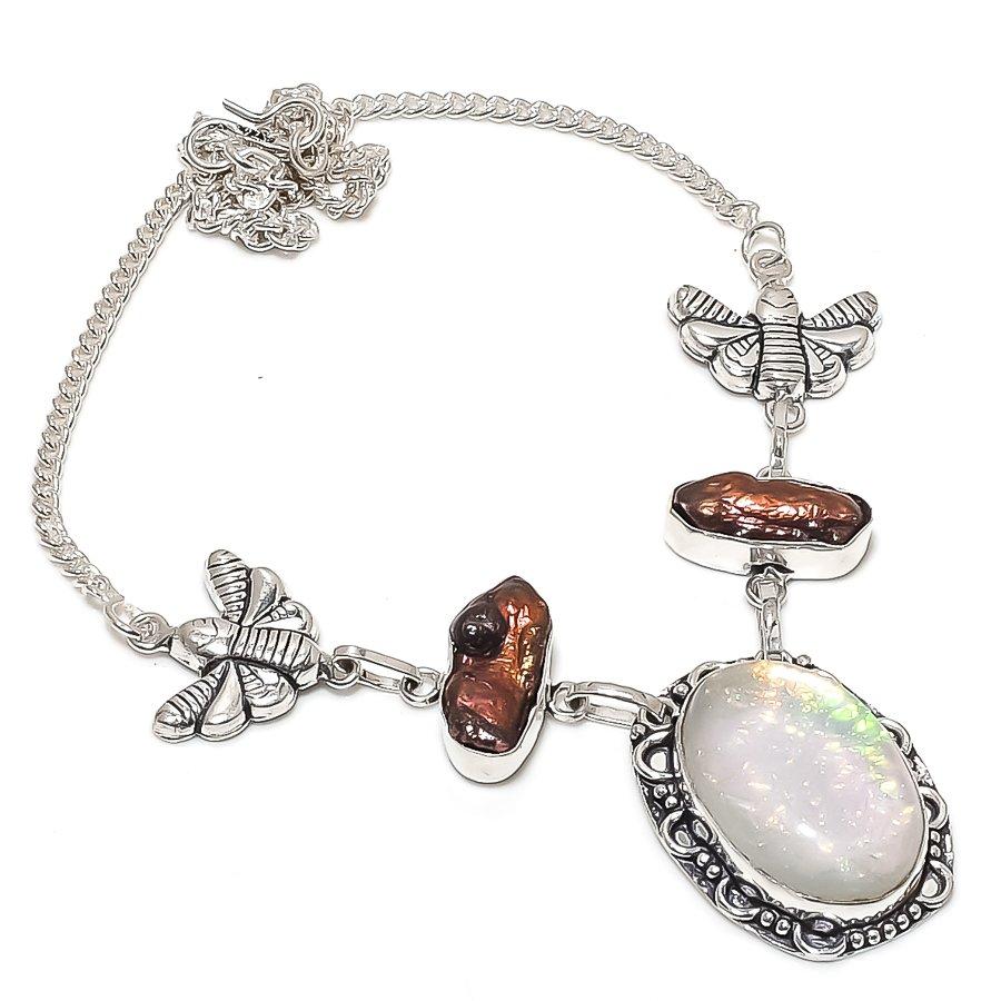 

Натуральный розовый триплет опал, жемчуг серебро 925 пробы ювелирное колье 18 A2z11