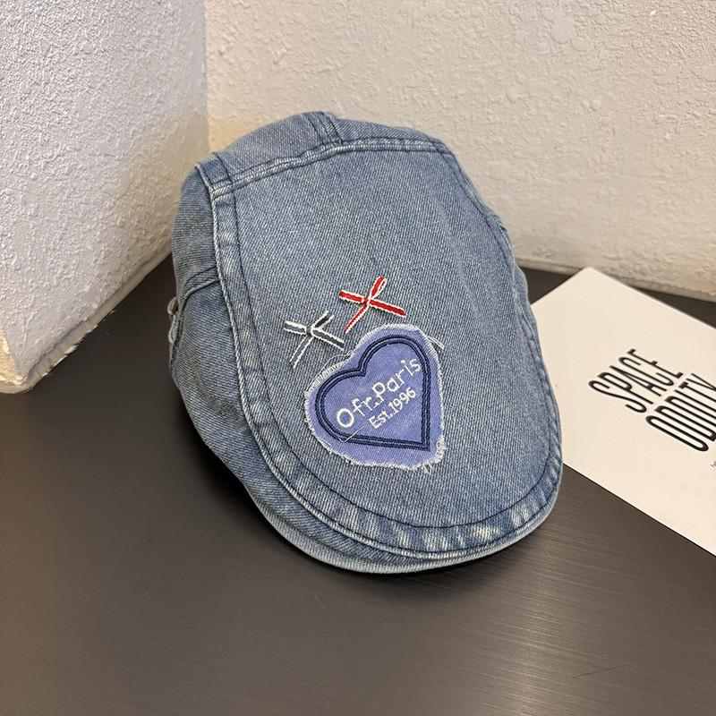 

Washable Denim Butterfly Heart Pattern Newsboy Cap With Sun Protection For Ladies синій