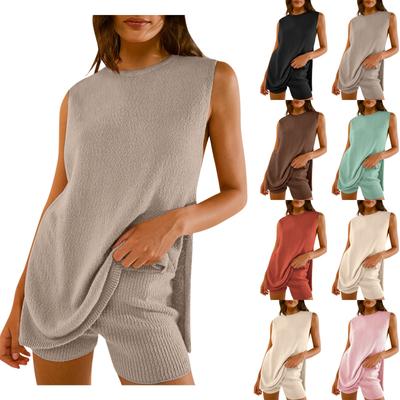 Summer Sweater Set Sleeveless Knit Pullover Top For Women Matching Shorts 2 Piece Beach Vacation Outfits