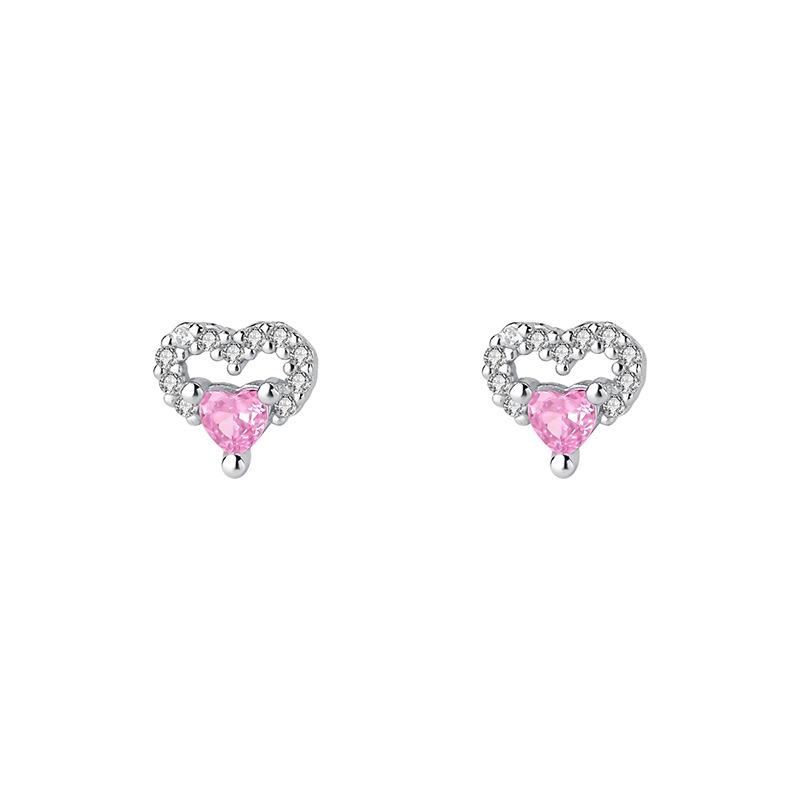 925 Silver Jewelry Pink Crystal Sweet Love Heart Stud Earrings for Women Wedding Party Jewelry For Girls Friend Gift
