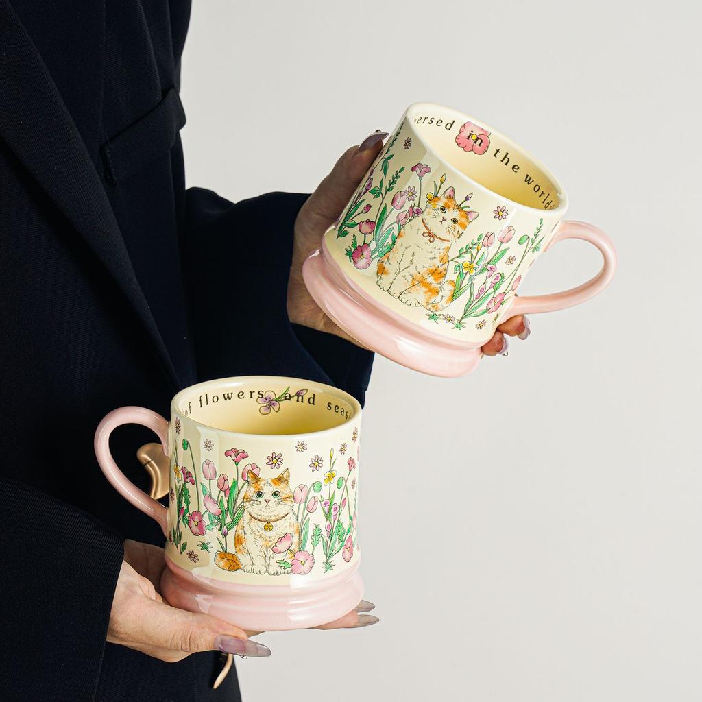 Cute Cat Ceramic Mug Amidst Flowers, Design Inspired Office Coffee Mugs, High-value Couple Tea Cup, Holiday Gift Kawaii Cup