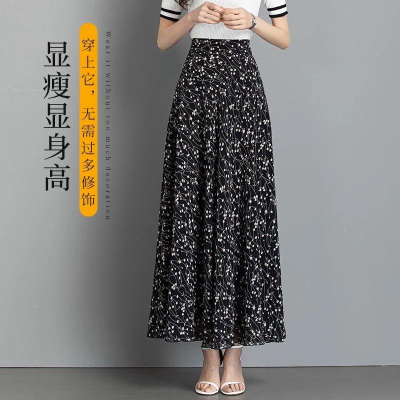 Sommer Neuer Chinesischer Stil Bedruckter Chiffon Halb langer Rock Lang Hohe Taille A-Linien-Rock Retro Großer Schwung Langer Rock für Frauen