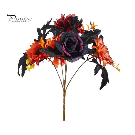 Fall Floral Arrangement Halloween Artificial Flower, Faux Sunflower Rose Bouquet with Black Harvest Party Decoration Maple Leaves, Autumn Fake