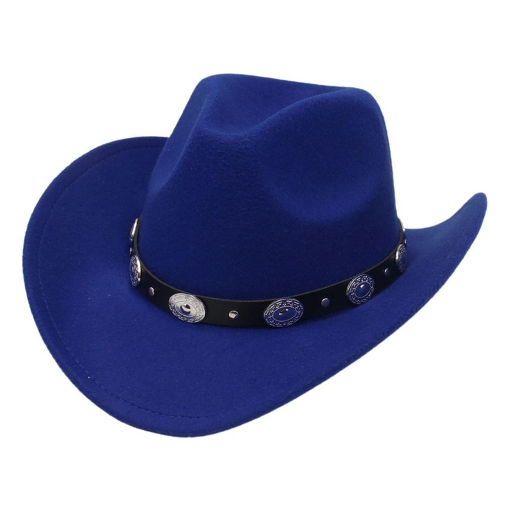 

Stylish Look Upturned Brim Western Cowboy Hats Wide Brim Ethnic Style Fedoras Hat Felt Hat for Women & Men синій