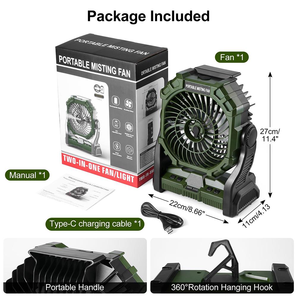 Wireless Camping Fan 4LED 7colors Light Control Electric Fan with 360°Rotation Hanging Hook, Portable Misting Humidifier