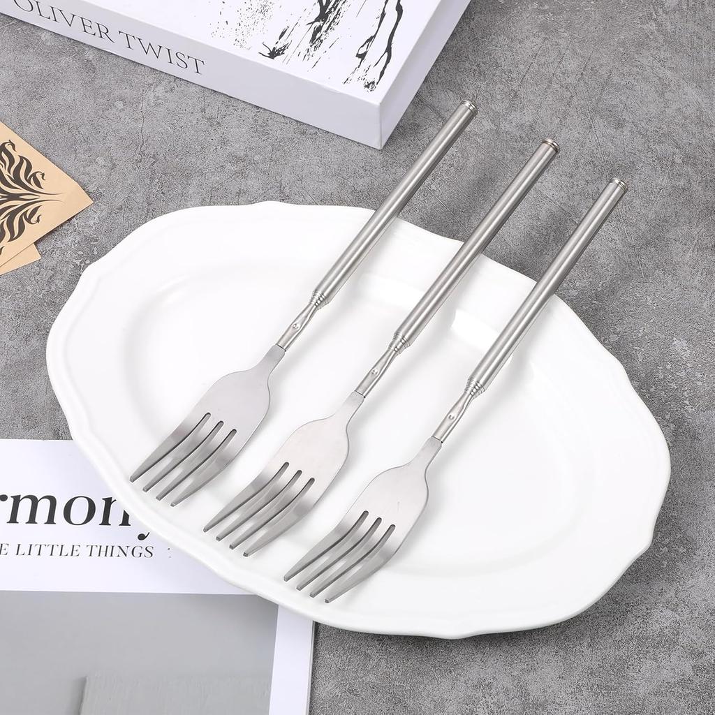 3 PCS Extendable Forks, Extension from 8.7" to 25.5" Telescoping Fork, Stainless Steel Long Forks for Eating, Adjustable Retractable Dinner Fork for