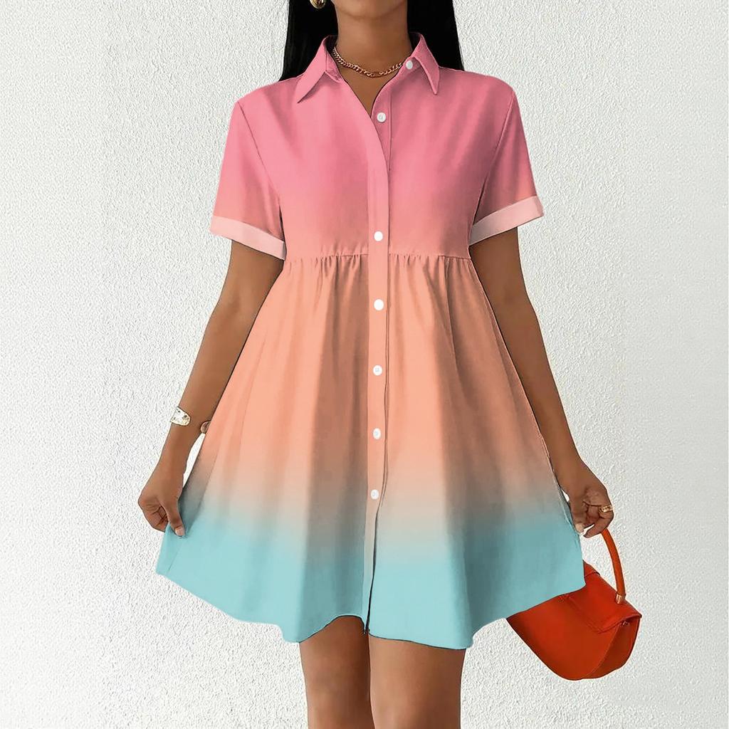 Women’s Casual Loose Shirt Dress Button Front Stand Collar Short Sleeve Gradient Print Relaxed Fit Tunic Dress for Daily Wear