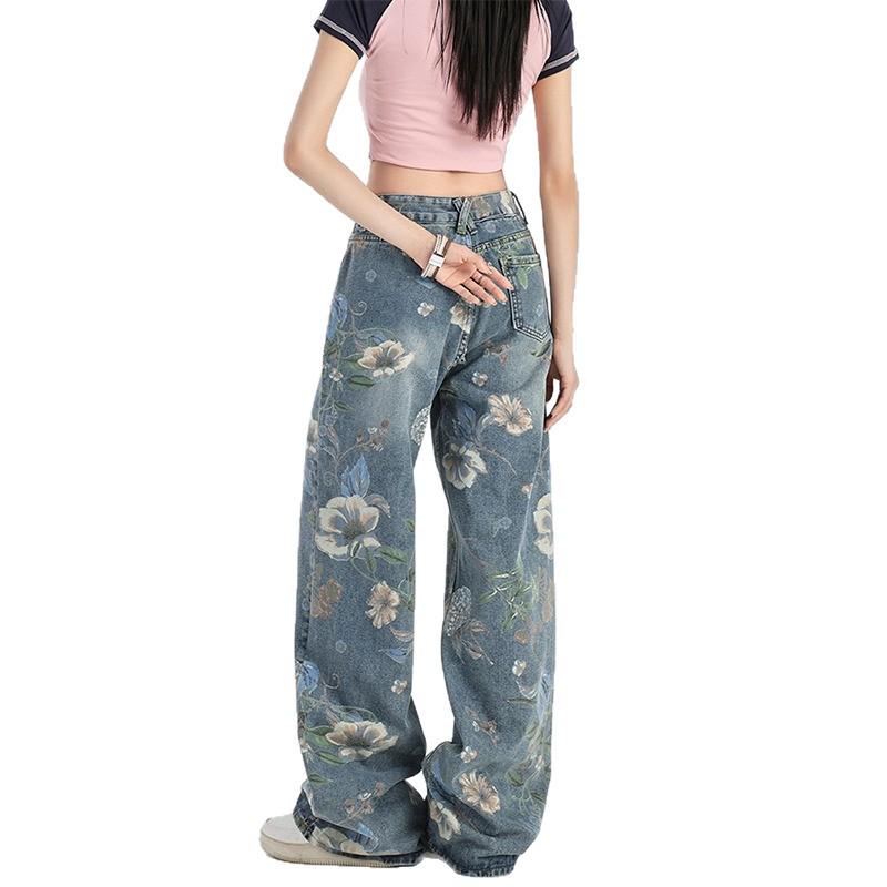 Women's High Waist Floral Print Denim Jeans - Summer 2024 Collection, Straight Wide Leg Slimming Fit.