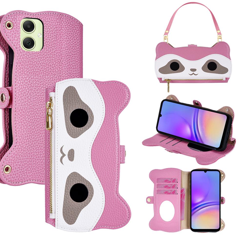 

Чехол для Samsung Galaxy A05 4G с милым дизайном енота, из искусственной кожи, чехол для телефона с ремешком на запястье Pink