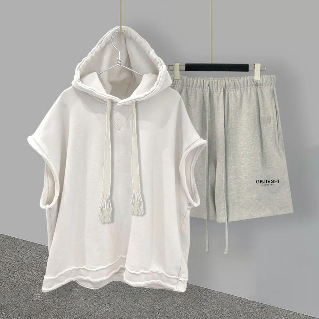 Pánská letní jednobarevná ležérní sportovní souprava s kapucí vesta + rovné pětibodové kalhoty s potiskem písmen volný dvoudílný set