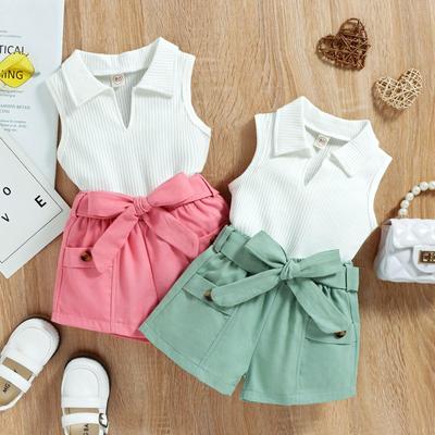 Mädchen Süßes Set Frühling und Sommer Kinder Modisches Polokragen Weste und Shorts Set