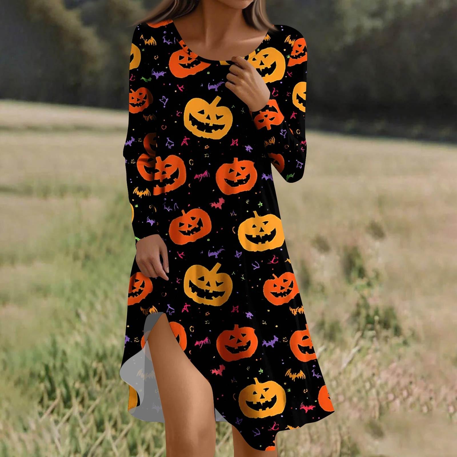 

Long Sleeve Dress For Women Casual Loose Fit Print Dress With Pockets L помаранчевий