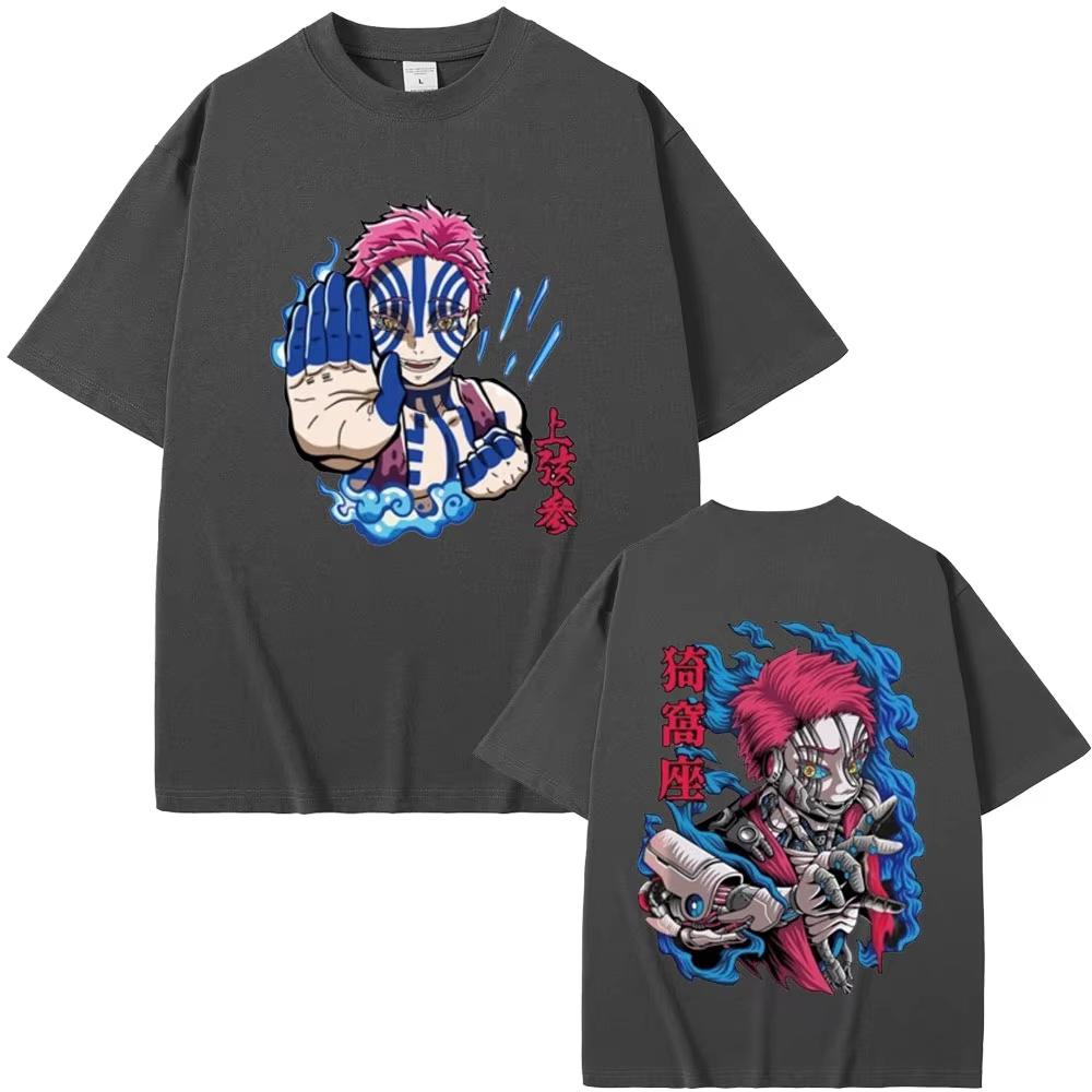Anime Demon Slayer Akaza Doppelseitiger Druck T-Shirt Männer Frauen Kleidung Cartoon Übergroßes T-Shirt Männlich Lässig Weiche Baumwoll-T-Shirts