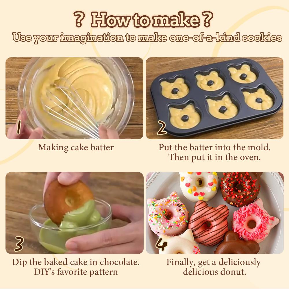 6Cup DIY Donut Baking Tools Cartoon Cute Bear Cat Chocolate Cake Baking Tray Non-Stick Metal Donut Mold Muffin Bread Tray Pan