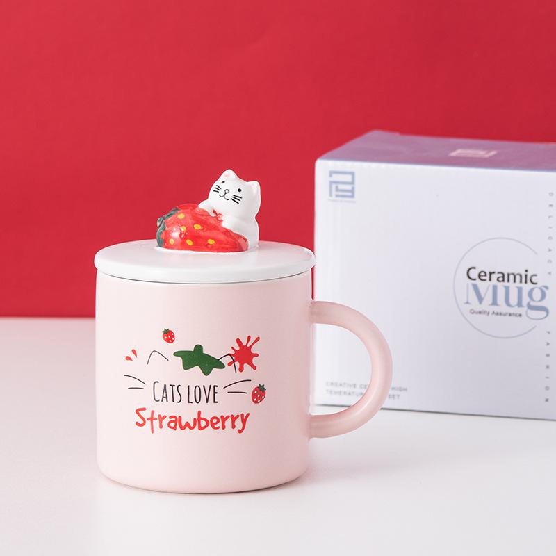 Lovely strawberry Cup Ins Coffee Mug Creative Water Milk Breakfast Cups Cartoon Cat Ceramic Mugs With Lid Spoon Gift