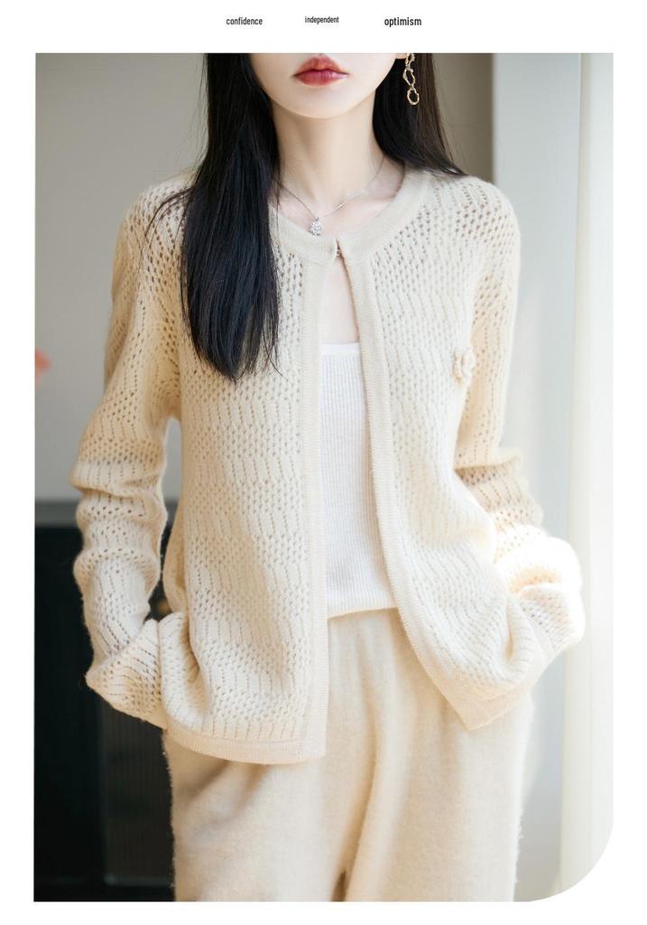 2025 Women's Round Neck Wool Shawl Cardigan: Hollow Out, Loose Fit, Versatile Long Sleeve Outerwear