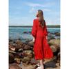 2025 Rotes V-Ausschnitt Retro Schlankmachendes Strand Langarm Sommerkleid