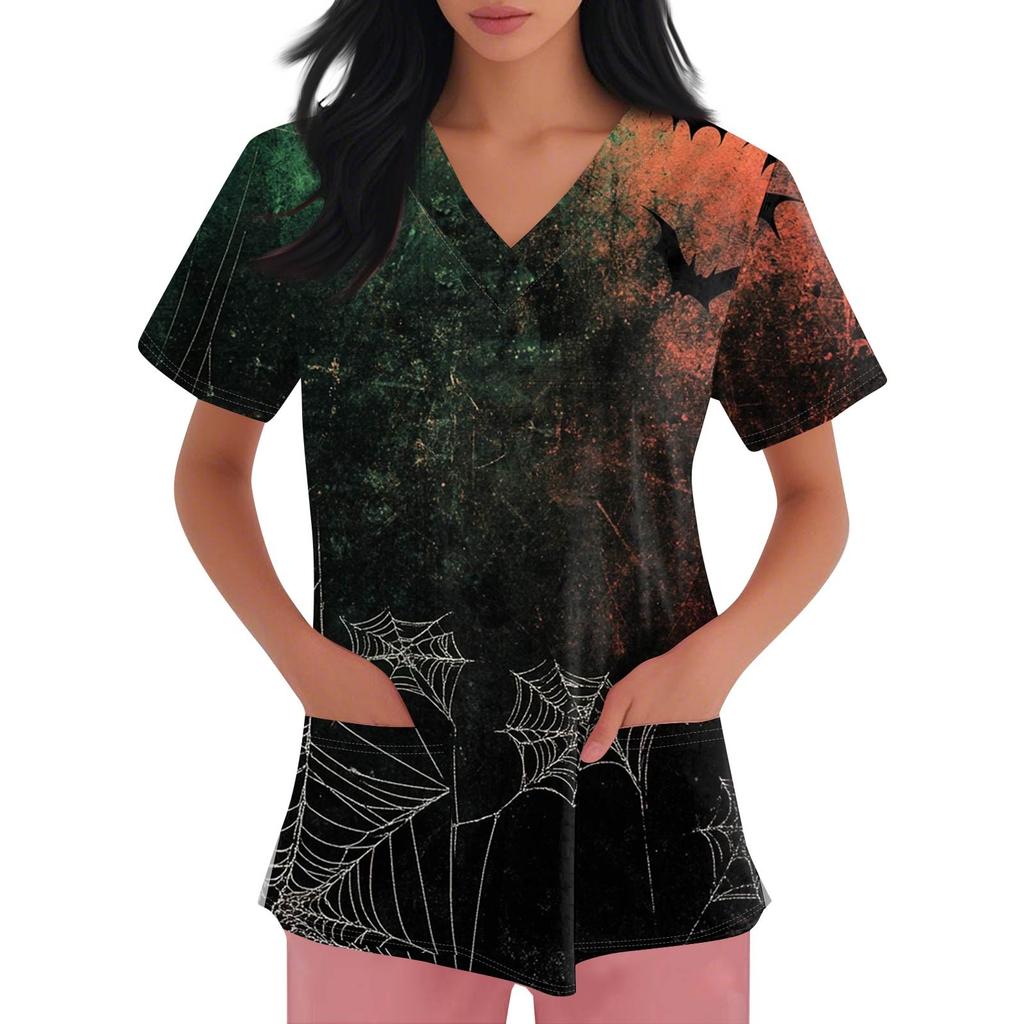 Women's Fashion V-neck Short-sleeved Work Uniform With Pockets, Halloween Print Top