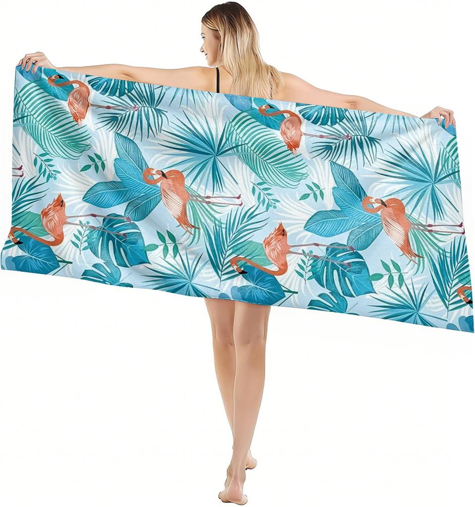 1 Stück Handtuch Tropischer Stil Flamingo Blatt Muster für Geschenke Schnelltrocknendes Strandhandtuch Für Yoga Tourismus Strand GYM Camping Schwimmen