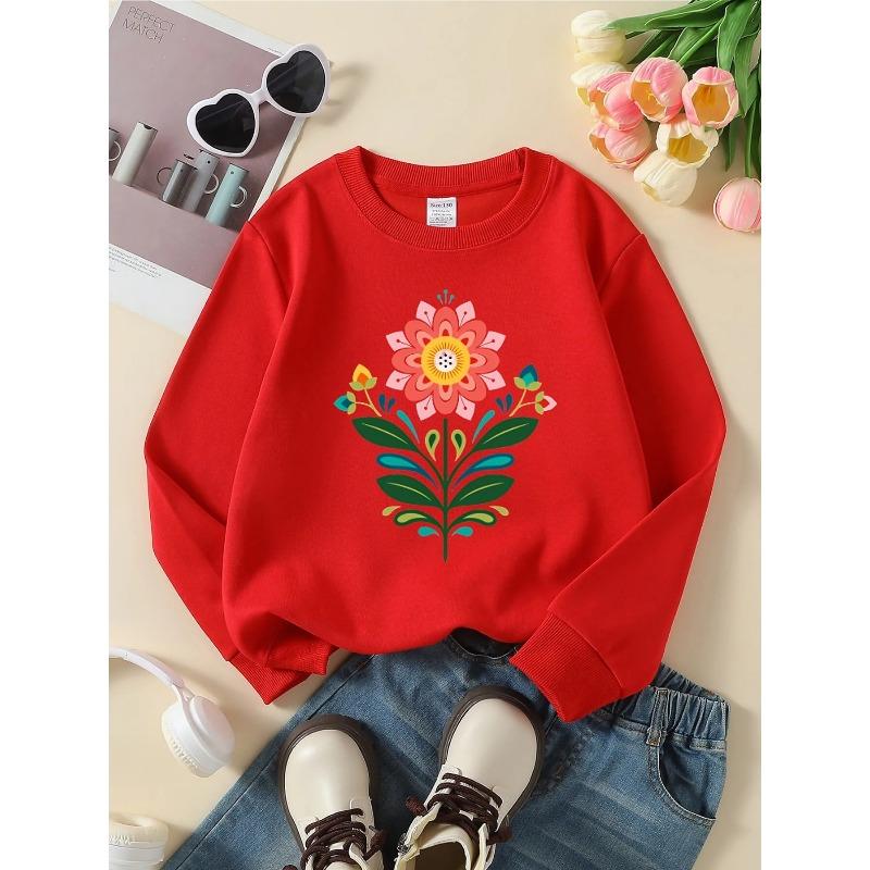 European sizes Girls' Crewneck Sweatshirt - Colorful Floral Pattern with Leaves, Soft Comfy Sportswear for Children & Teens