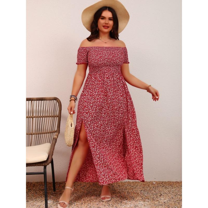 Women's Plus Size Casual Bohemian Printed Strapless One Neck Split Dresses